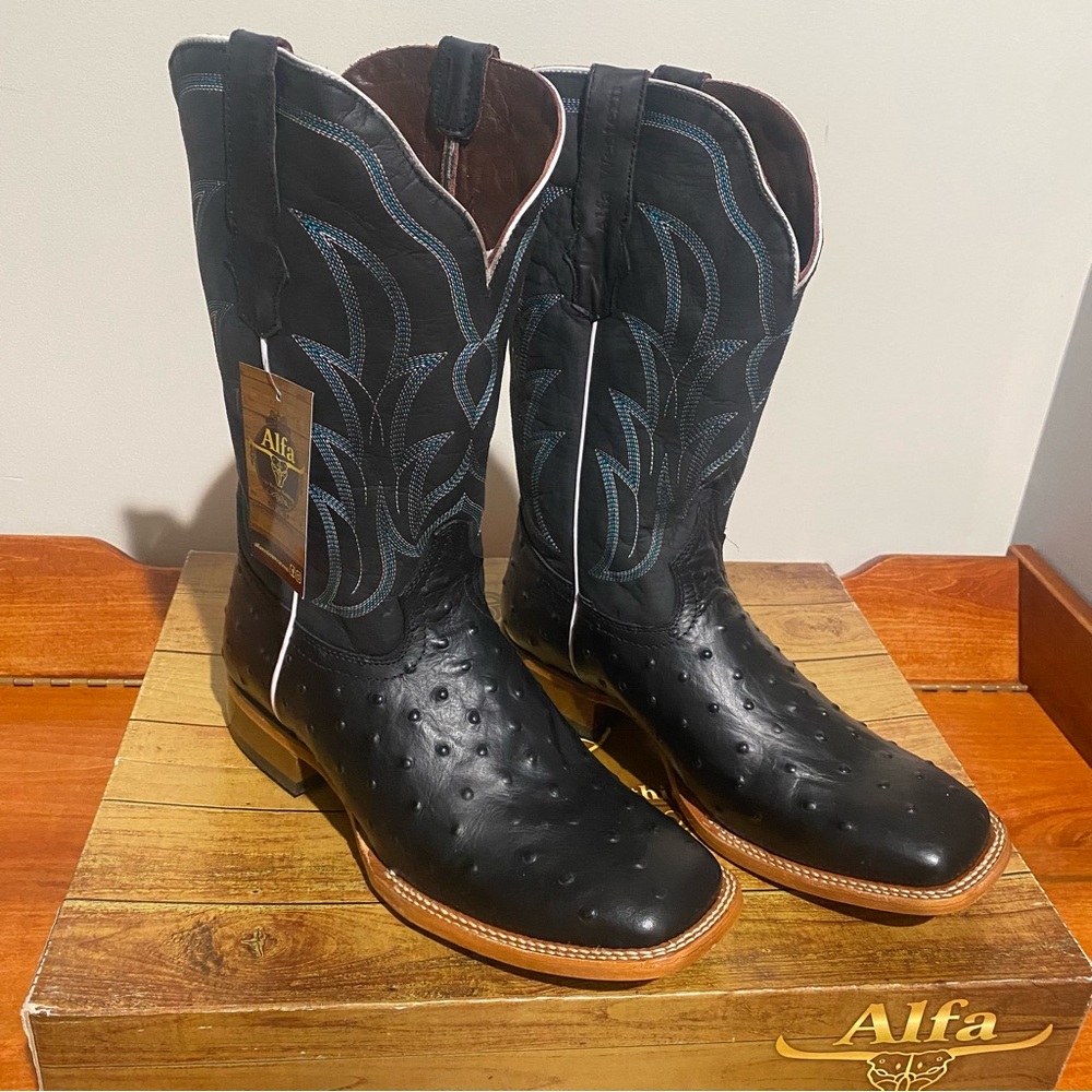 Alfa Leather Square Toe Ostrich Western Boots